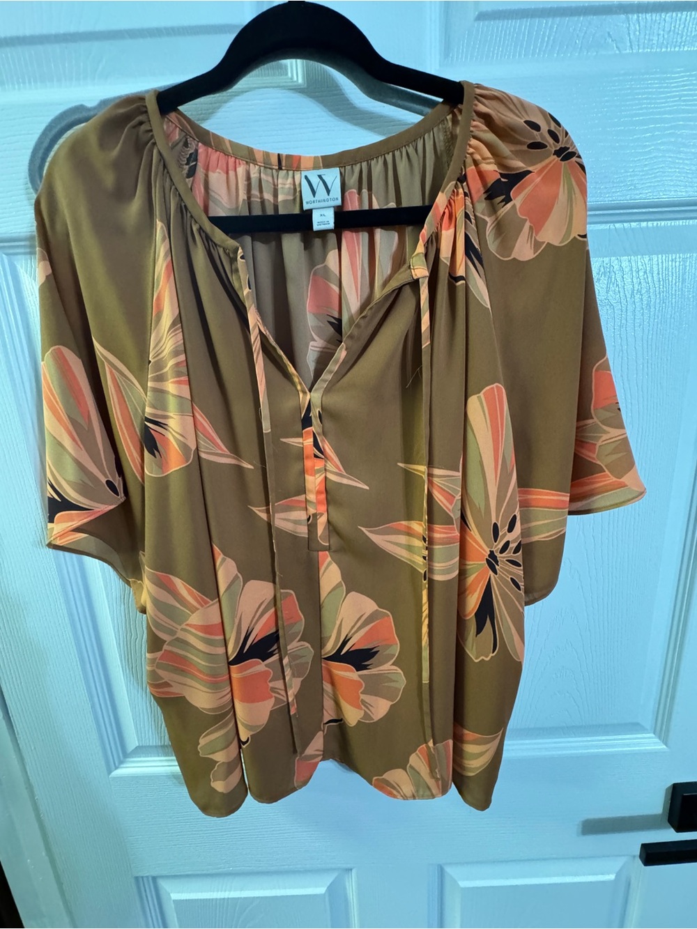 W by Worth Olive Floral Tie-Front Peasant Blouse
